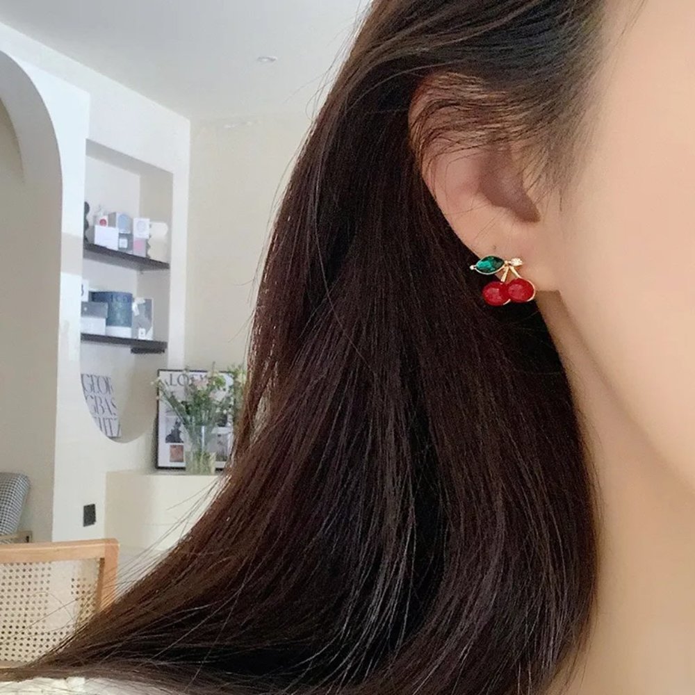 Gold Red Dark Cherry Fruit Stud Earrings NEW - Picture 3 of 6